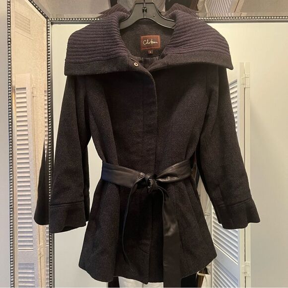 Cole Haan Wool Leather Belted Peacoat Coat w/ Oversized Collar Detail | 6 - Picture 1 of 5